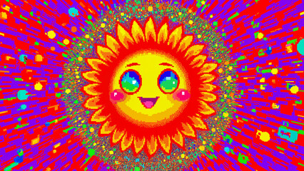 Psychedelic 8bit pixelated happy smiling trippy sunflower, big cutie pie eyes with really weird mentally overloading colors background