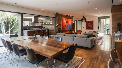 Modern Open Plan Living Room with Dining Area and Kitchen View