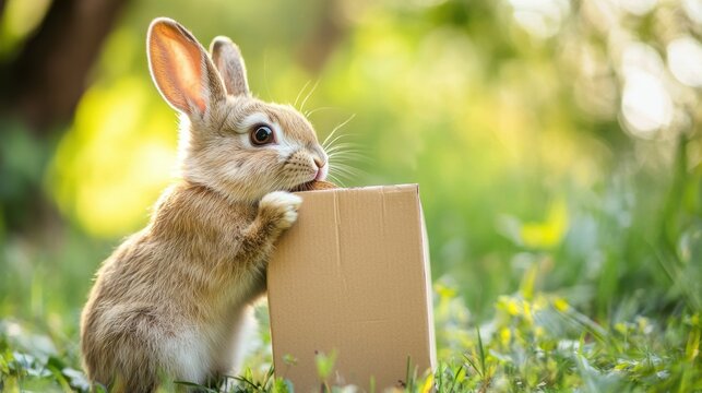 abbit licking a cardboard box, with a happy expression