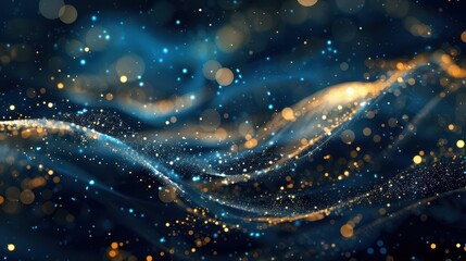 luxurious new years eve abstract background deep blue and gold tones shimmering bokeh effects elegant swirls festive atmosphere opulent celebration theme digital art style
