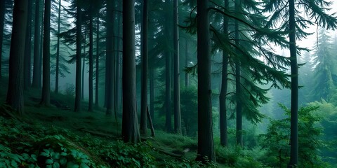 Obraz premium Foggy Evergreen Forest with Dense Trees and Lush Ground Cover
