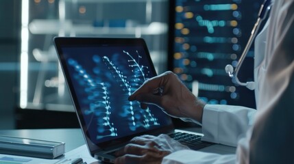 A man is typing on a laptop computer with a blue screen displaying a DNA strand