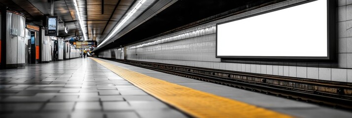 A blank advertisement space in a subway station, ideal for showcasing your brand. The photo captures the high-traffic environment and provides a prime location for your message. This image symbolizes 