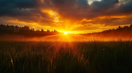Fototapeta premium A breathtaking sunrise illuminates a misty field, with the golden light filtering through the clouds and casting long shadows on the grass. This image evokes feelings of peace, tranquility, and new be