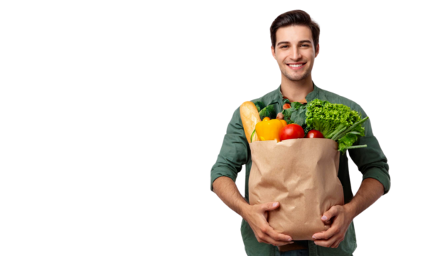 Smiling young man holding groceries vegetable shopping bag standing isolated on transparent background.