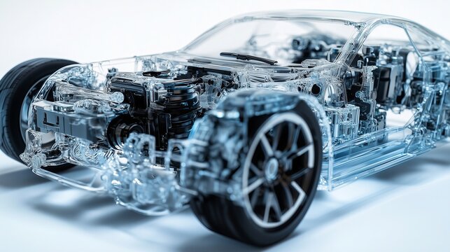A detailed and realistic of a semi transparent hydrogen powered vehicle, showcasing its modern