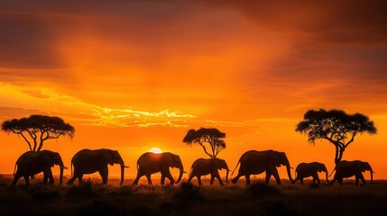 Obraz premium majestic elephant herd silhouetted against fiery sunset sky crossing savanna with acacia trees