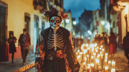 Obraz premium Person in traditional Day of the Dead attire with skeleton face paint, walking on a candlelit street during a nighttime celebration.