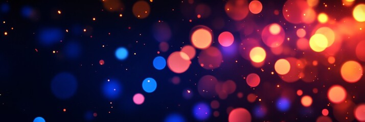 A captivating abstract background featuring a mesmerizing blend of vibrant red, orange, and blue bokeh orbs. These shimmering lights create an ethereal and festive atmosphere, suggesting celebration, 