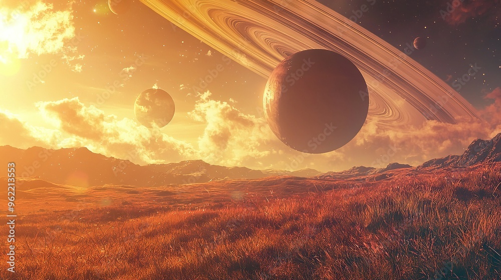 Poster an artistically rendered alien landscape featuring saturn in the backdrop and a close planet in the 