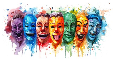 A whimsical watercolor illustration showcasing a variety of comedy masks used by theater actors. Each mask features vibrant hues and playful expressions, isolated on a simple background to highlight