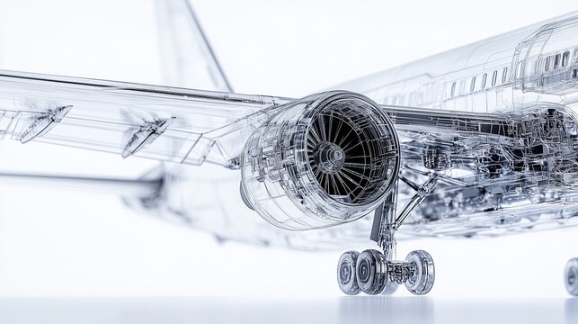 A detailed and realistic of a semi transparent modern airplane, showcasing its exterior and visible