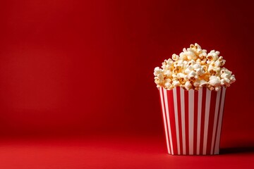 A classic red and white striped popcorn container filled with fluffy popcorn against a vibrant red background. It represents movie nights, entertainment, snacks, and the joy of shared experiences.