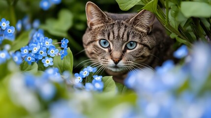 Cat on forget-me-not blue flowers and green background. Forget-me-not flower with green leaves near cat.