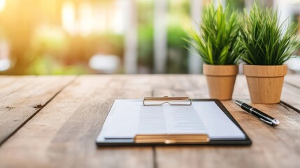 Fototapeta premium A clipboard with a blank business plan document rests on a rustic wooden table, a pen placed nearby, ready for the next step. The natural light and blurred background create a calm and inviting atmos