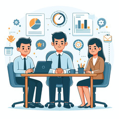 Partners meeting for business discussion with documents and laptop on desk. Couple at round table, speaking, discussing work, partnership. Flat vector illustration isolated on white background