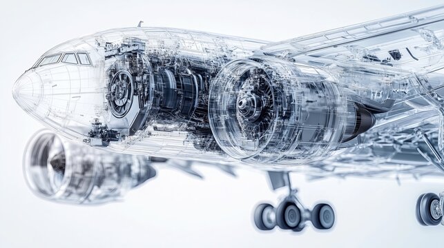 A detailed and realistic of a semi transparent modern airplane, showcasing its exterior and visible