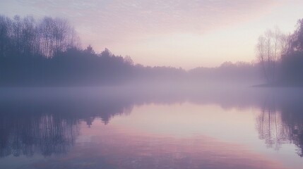 Fototapeta premium Surrounded by trees, a body of water glows in the pink and blue hues of the foggy day sky