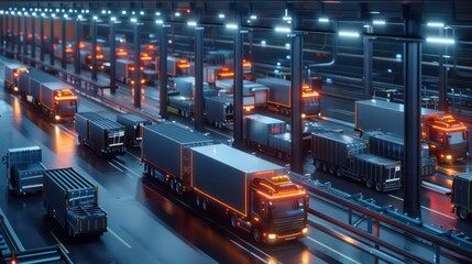 A line of semis travel on a highway at night under a canopy of lights.