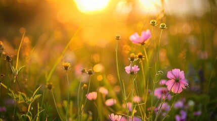 Fototapeta premium A field of flowers with a pink flower in the foreground