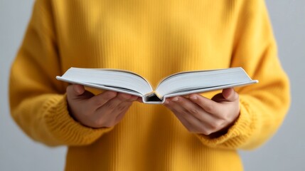 A close-up image of a person's hands holding an open book, wearing a cozy yellow sweater. The image symbolizes knowledge, learning, comfort, relaxation, and personal growth.