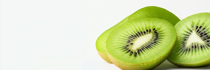 A close-up image of three kiwi fruit slices isolated on a white background. The slices are arranged in a stack, with the most prominent slice showing the green flesh and black seeds. The image is perf