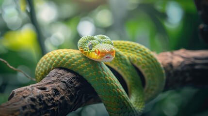 Fototapeta premium A green and yellow snake with bright blue eyes, coiled around a branch in a rainforest.