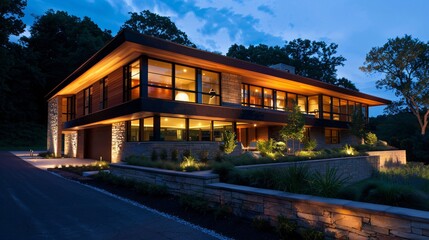 Obraz premium Contemporary home exterior at night with illuminated windows