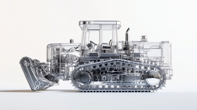 A detailed and realistic of a semi transparent modern bulldozer, showcasing its exterior and visible
