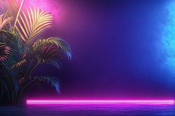 Naklejka premium Neon lights illuminate a tropical plant in a dark room, creating a futuristic on vibrant backdrop.