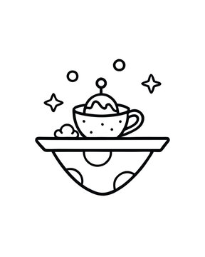 recommend clip art: A whimsical black and white line art illustration of a teacup with a saucer floating in outer space with stars.