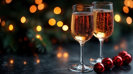 Two Glasses of Champagne with Christmas Ornaments and Lights