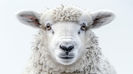 Fototapeta premium Black and white sheep portrait, detailed and fluffy wool, curious expression, isolated on white background