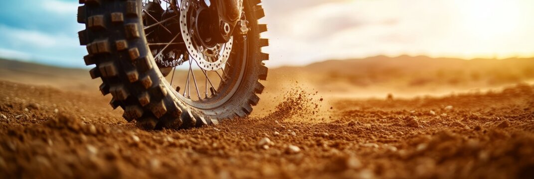 A close-up shot of a dirt bike tire kicking up dust as it speeds through a sandy terrain. The tire tread is clearly visible, along with the blurred background showcasing the speed and power of the bik