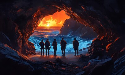 Silhouetted Figures Gazing at a Dramatic Sunset Over the Ocean from a Cave Entrance