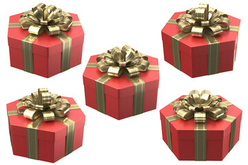 A collection of five hexagonal red gift boxes adorned with gold ribbons and bows, perfect for celebrations.