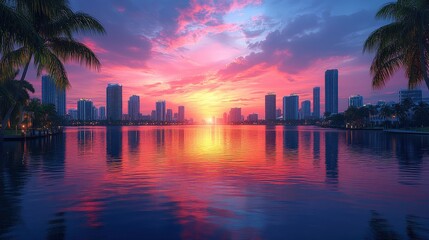 Obraz premium Vibrant Sunset over Miami Skyline with Palm Trees