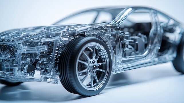 A detailed and realistic of a semi transparent modern diesel car, showcasing its exterior and