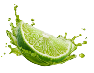 frisches Stück Limette mit spritzendem Saft, isoliert auf weißen Hintergrund, Freisteller 