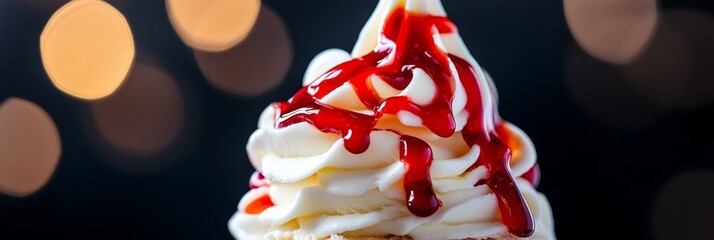 A close-up shot of a vanilla soft serve ice cream sundae topped with a generous amount of bright red strawberry sauce. The creamy ice cream is swirled and fluffy, creating a delicious and inviting tex