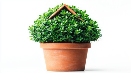Fototapeta premium Lush green plant shaped like a house in a terracotta pot against a white background, symbolizing eco-friendly home and green living