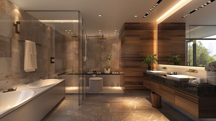 Modern master bathroom with walk-in shower and double sinks