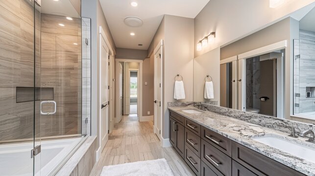 Modern master bathroom with walk-in shower and double sinks