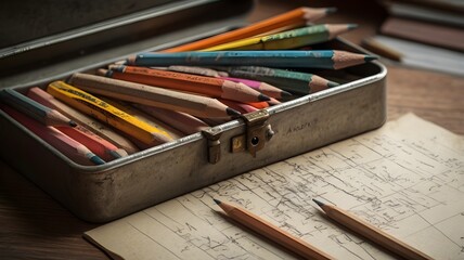 old pencils in a metal box with scratched papers next to it

