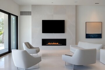 Obraz premium A contemporary living room with a white accent wall featuring a mounted TV and a linear gas fireplace. The room is furnished with modern white chairs and a sofa, creating a clean and minimalist aesthe
