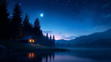 Fototapeta premium A cozy cabin nestled on the shore of a serene lake, bathed in the soft glow of a full moon and a blanket of twinkling stars. The scene evokes a sense of peace, tranquility, and escape from the hustle 