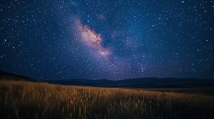 Fototapeta premium The night sky glimmers with stars and the Milky Way radiant above a field of tall grass and rolling hills
