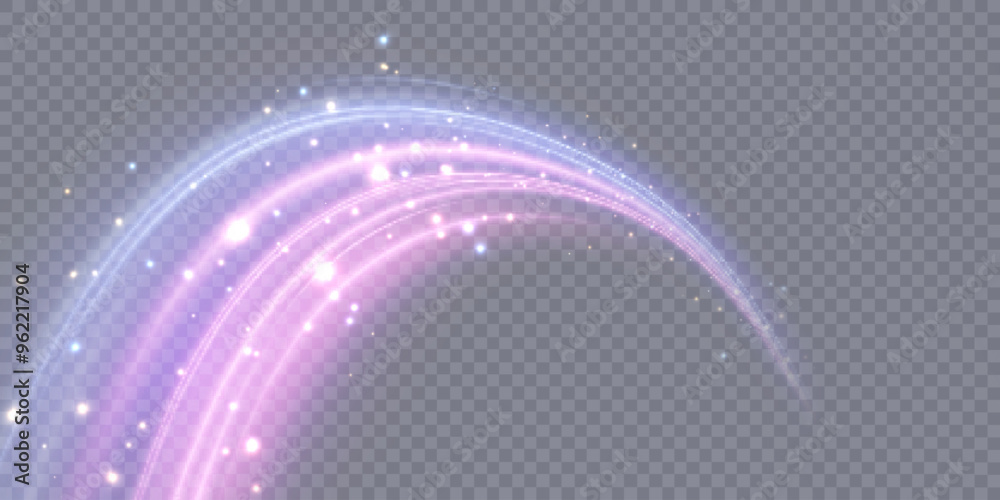 Poster Light effect of high speed movement of light speed along a curved trajectory of bright blue-violet flickers. Dynamic movement of high speed light energy. Vector