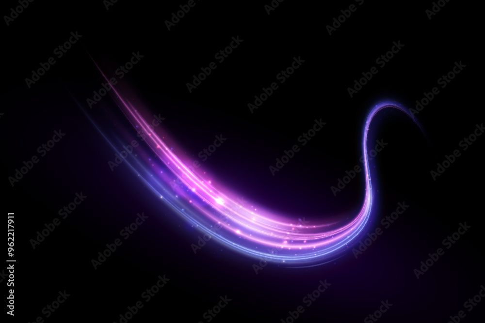 Aufkleber Light effect of high speed movement of light speed along a curved trajectory of bright blue-violet flickers. Dynamic movement of high speed light energy. Vector