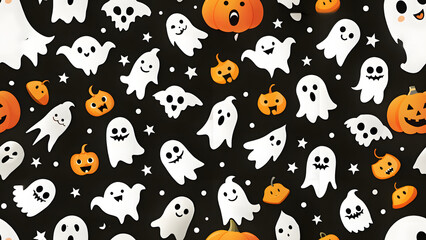 Halloween ghost cartoon seamless pattern. Colorful cartoon ghosts in a seamless repeat pattern wallpaper. Black and white October holiday spirit ghosts doodle character background.